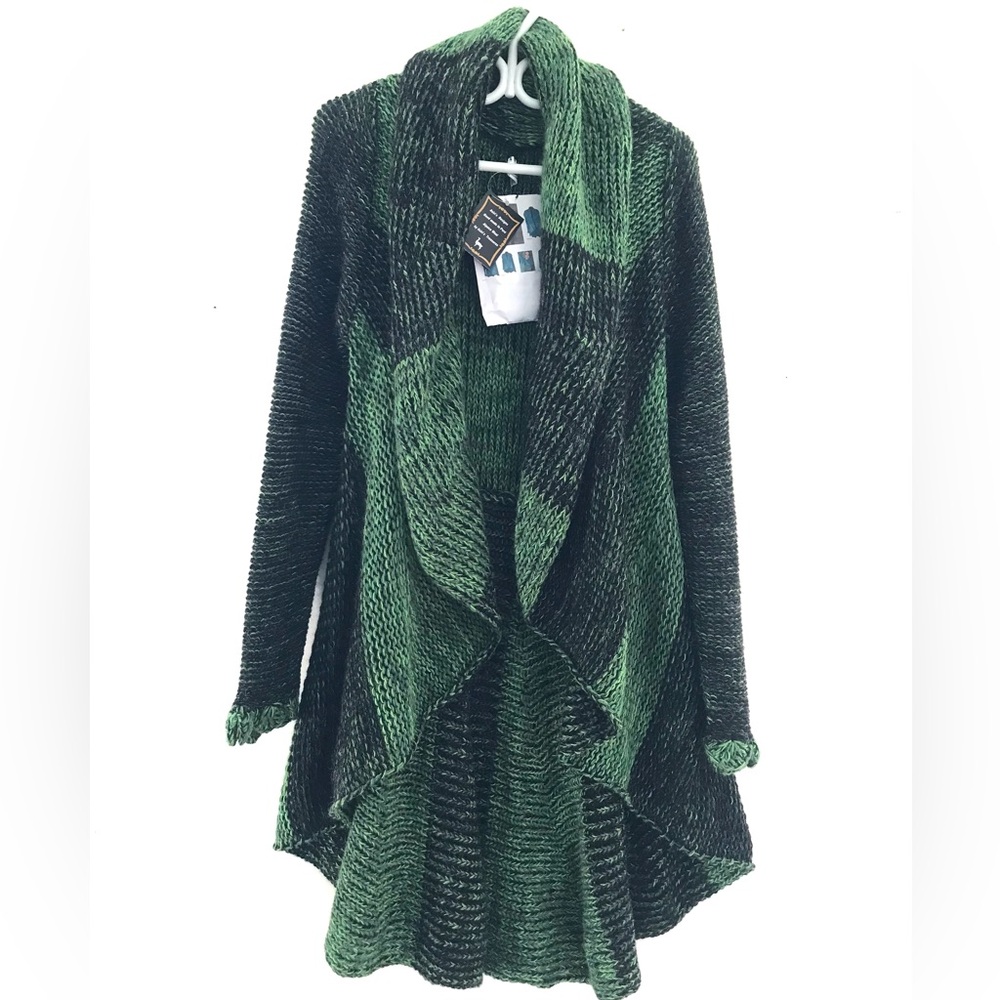 NWT Alpaca cardigan handmade open Crochet M/L sustainable boho knit green/black